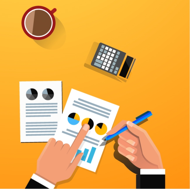 Vector illustration showing paperwork, hands editing it, a coffee cup and a calculator